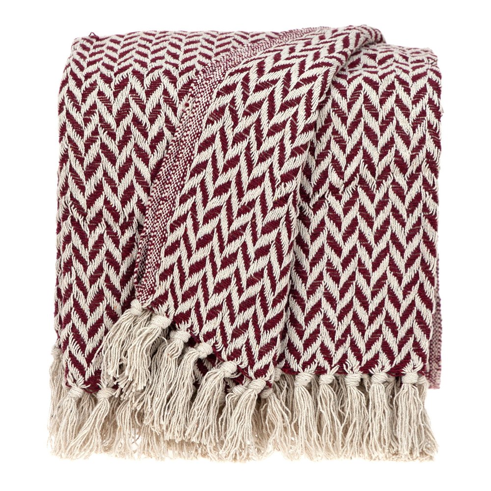 52" X 67" Burgundy And Ivory Cotton Woven Herringbone Throw Blanket with Tassels HomeRoots