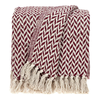 52" X 67" Burgundy And Ivory Cotton Woven Herringbone Throw Blanket with Tassels HomeRoots