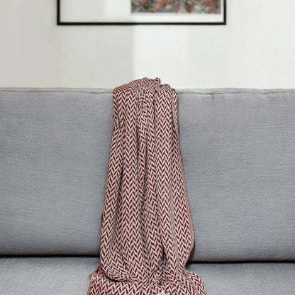 52" X 67" Burgundy And Ivory Cotton Woven Herringbone Throw Blanket with Tassels HomeRoots