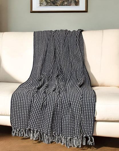 52" X 67" Black and White Woven Cotton Striped Throw Blanket with Tassels HomeRoots