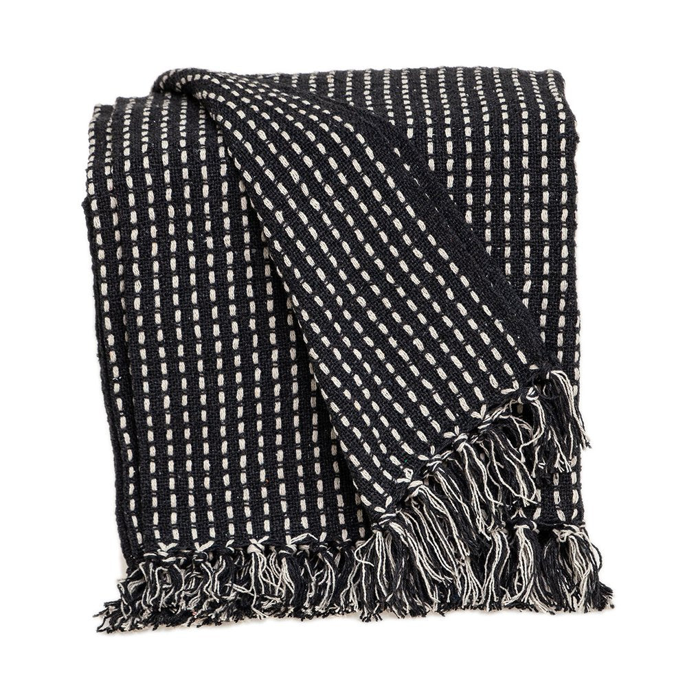 52" X 67" Black and White Woven Cotton Striped Throw Blanket with Tassels — view 1