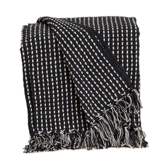 52" X 67" Black and White Woven Cotton Striped Throw Blanket with Tassels HomeRoots