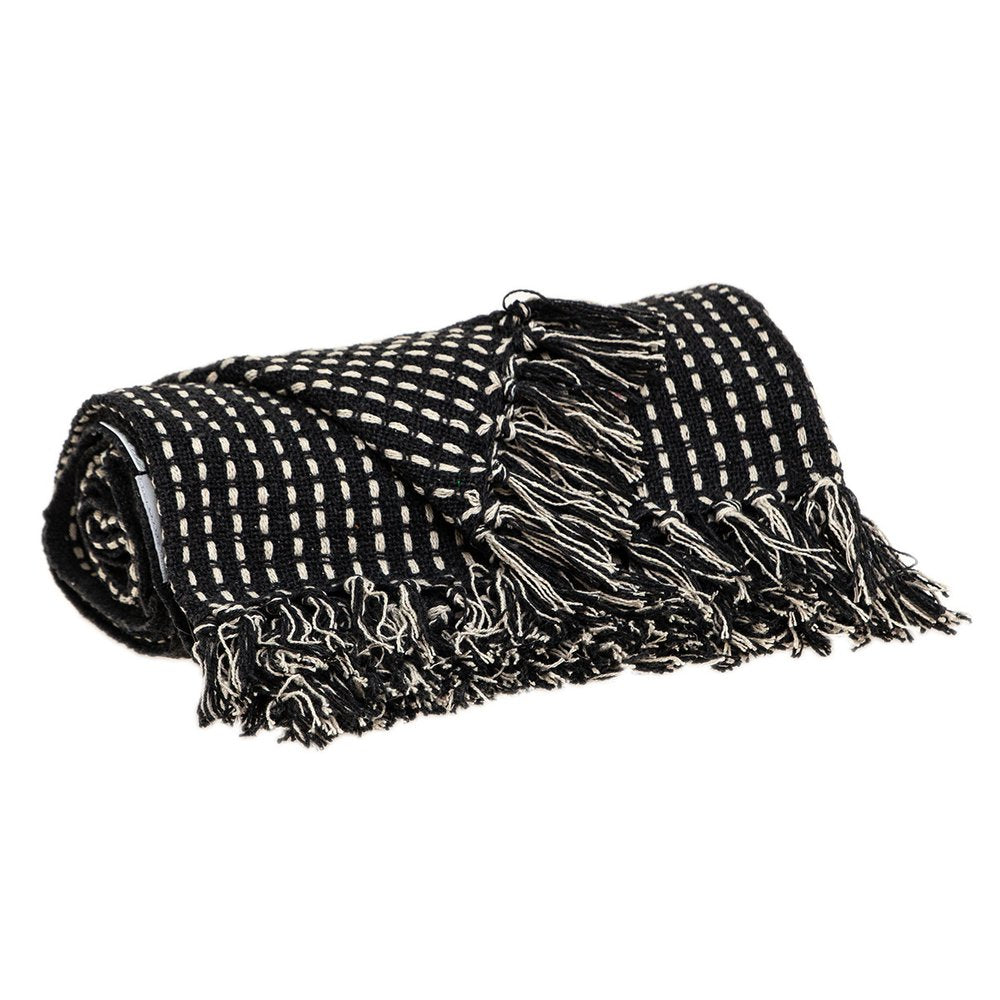52" X 67" Black and White Woven Cotton Striped Throw Blanket with Tassels — view 2