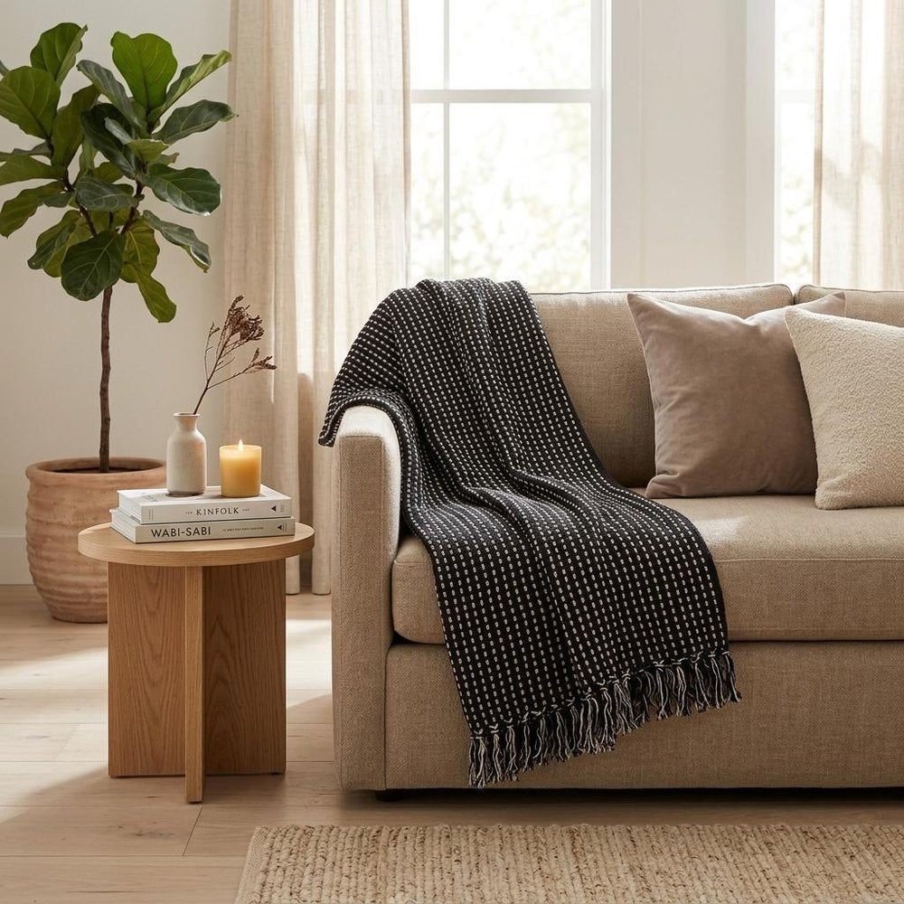 52" X 67" Black and White Woven Cotton Striped Throw Blanket with Tassels — view 6