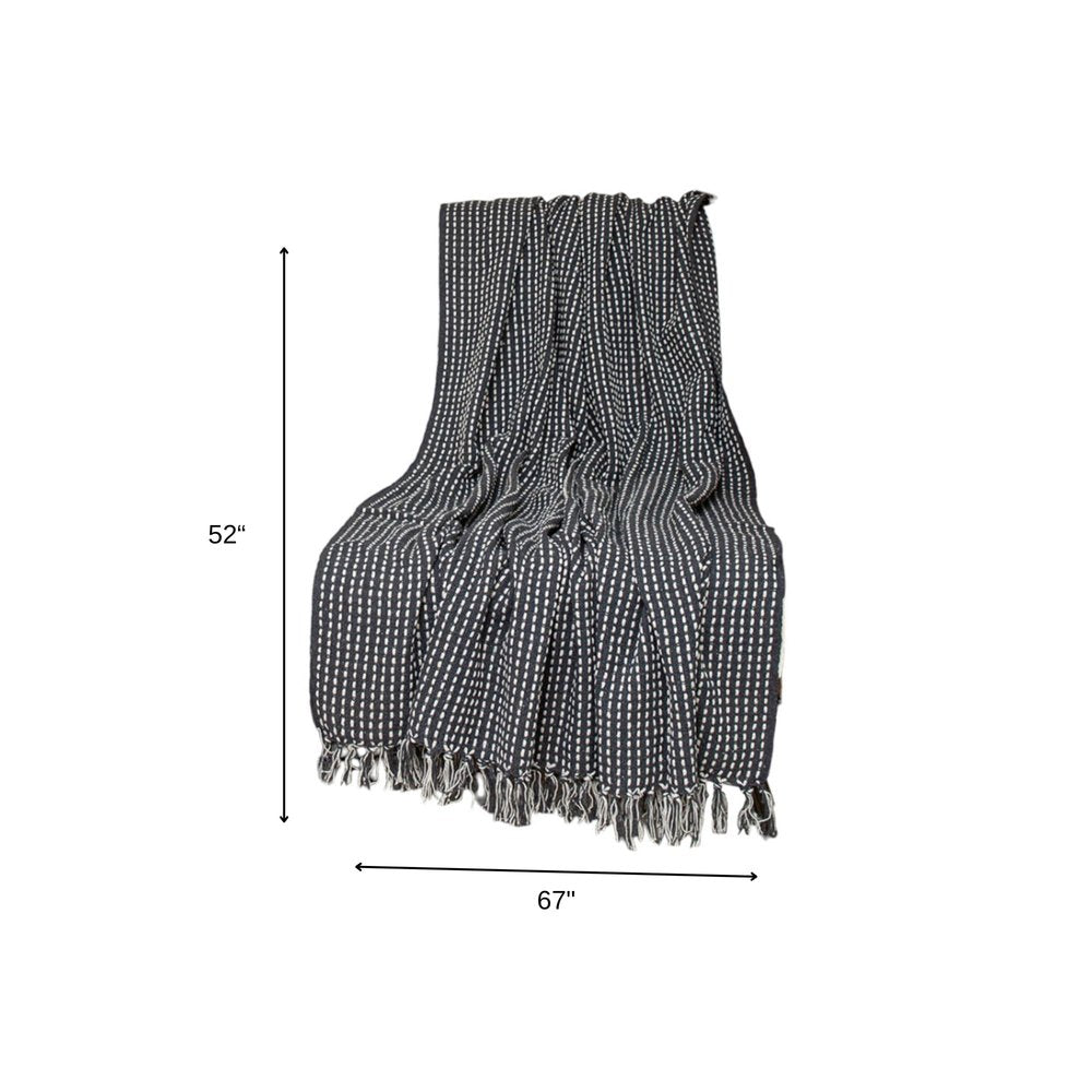 52" X 67" Black and White Woven Cotton Striped Throw Blanket with Tassels HomeRoots