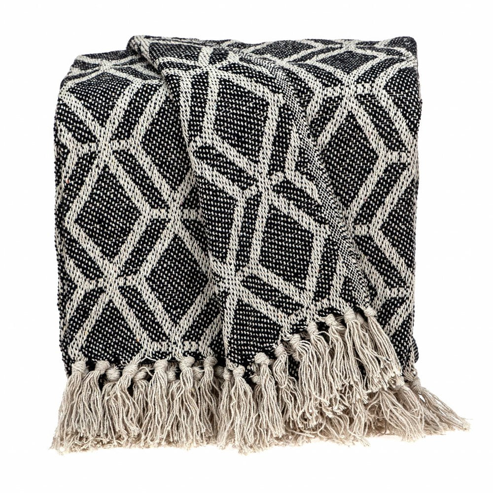 Grey and Beige Handloom Geometric Woven Throw Blanket HomeRoots