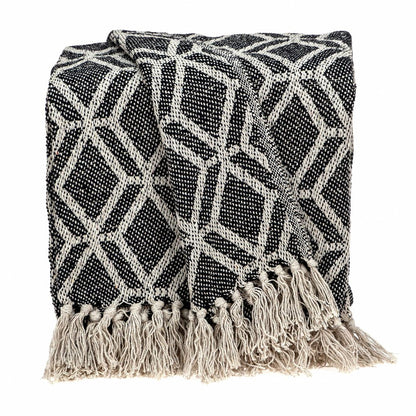 Grey and Beige Handloom Geometric Woven Throw Blanket HomeRoots