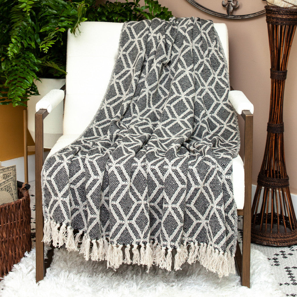 Grey and Beige Handloom Geometric Woven Throw Blanket