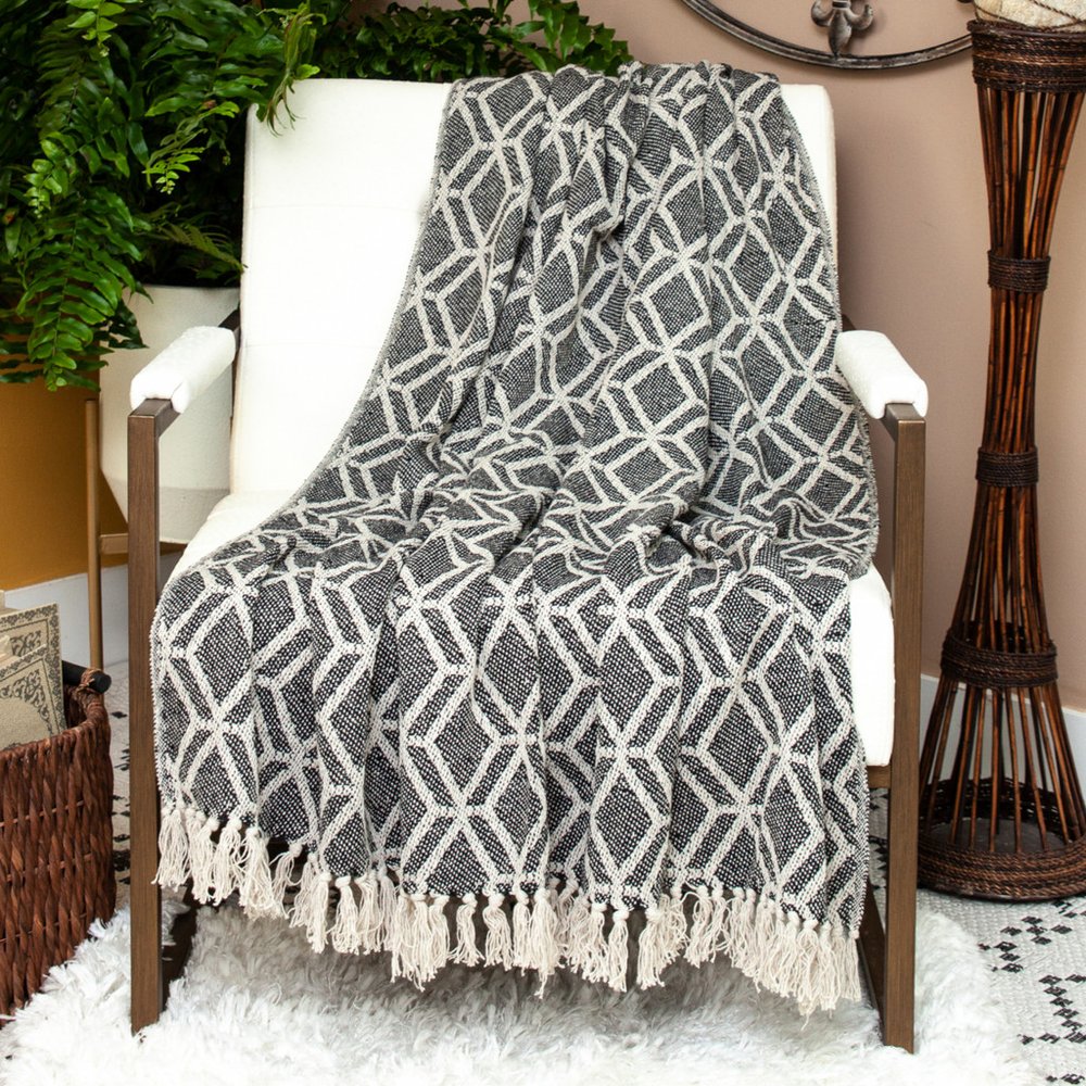 Grey and Beige Handloom Geometric Woven Throw Blanket HomeRoots