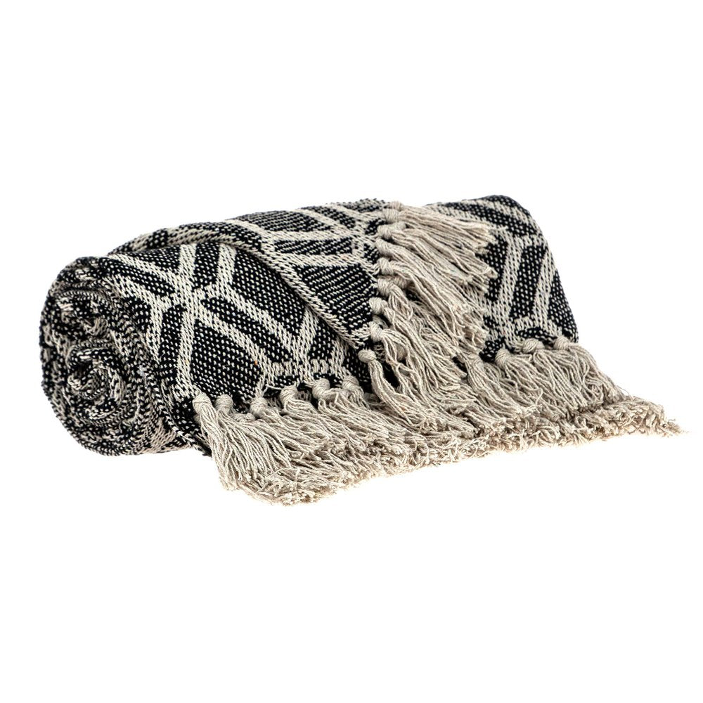 Grey and Beige Handloom Geometric Woven Throw Blanket HomeRoots