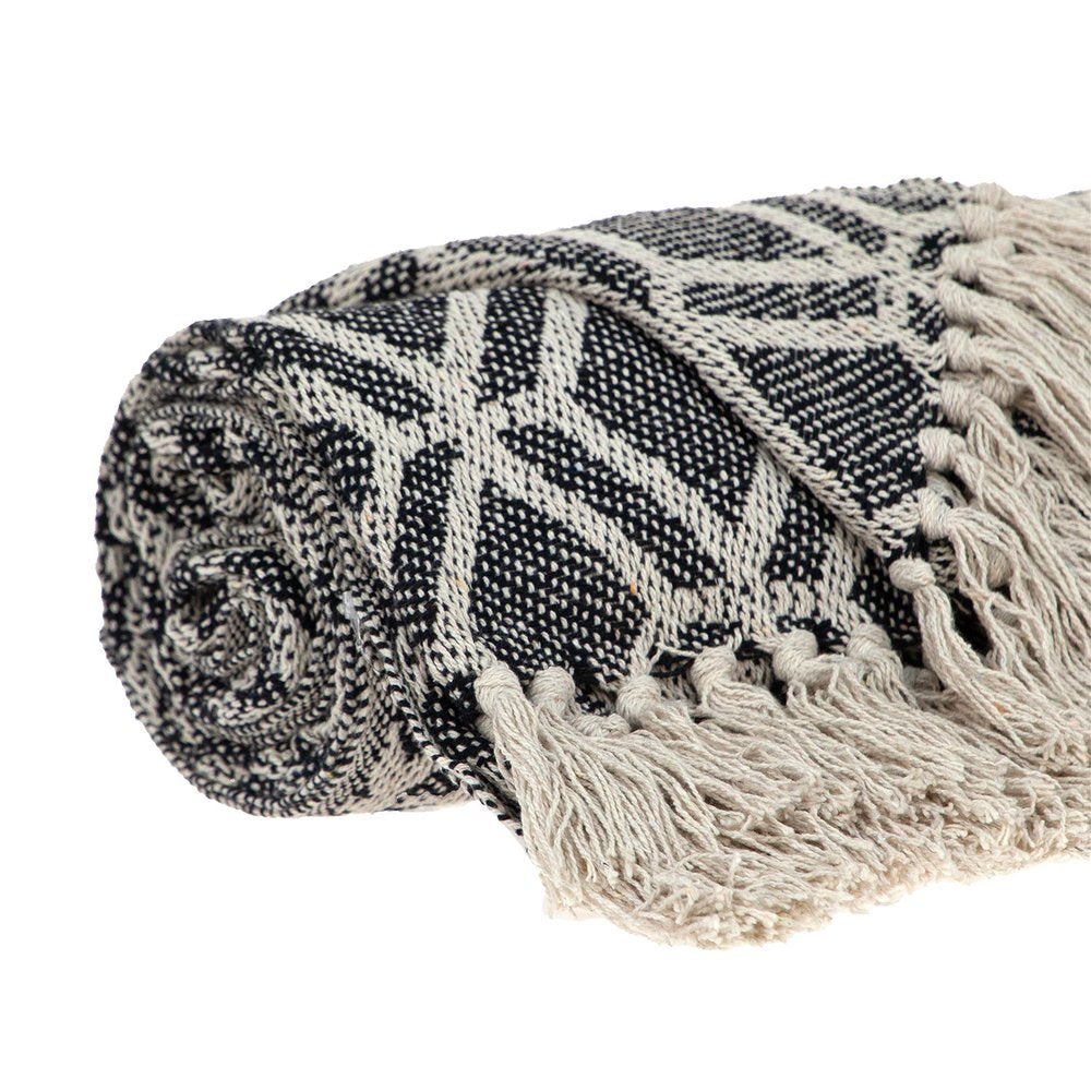 Grey and Beige Handloom Geometric Woven Throw Blanket HomeRoots