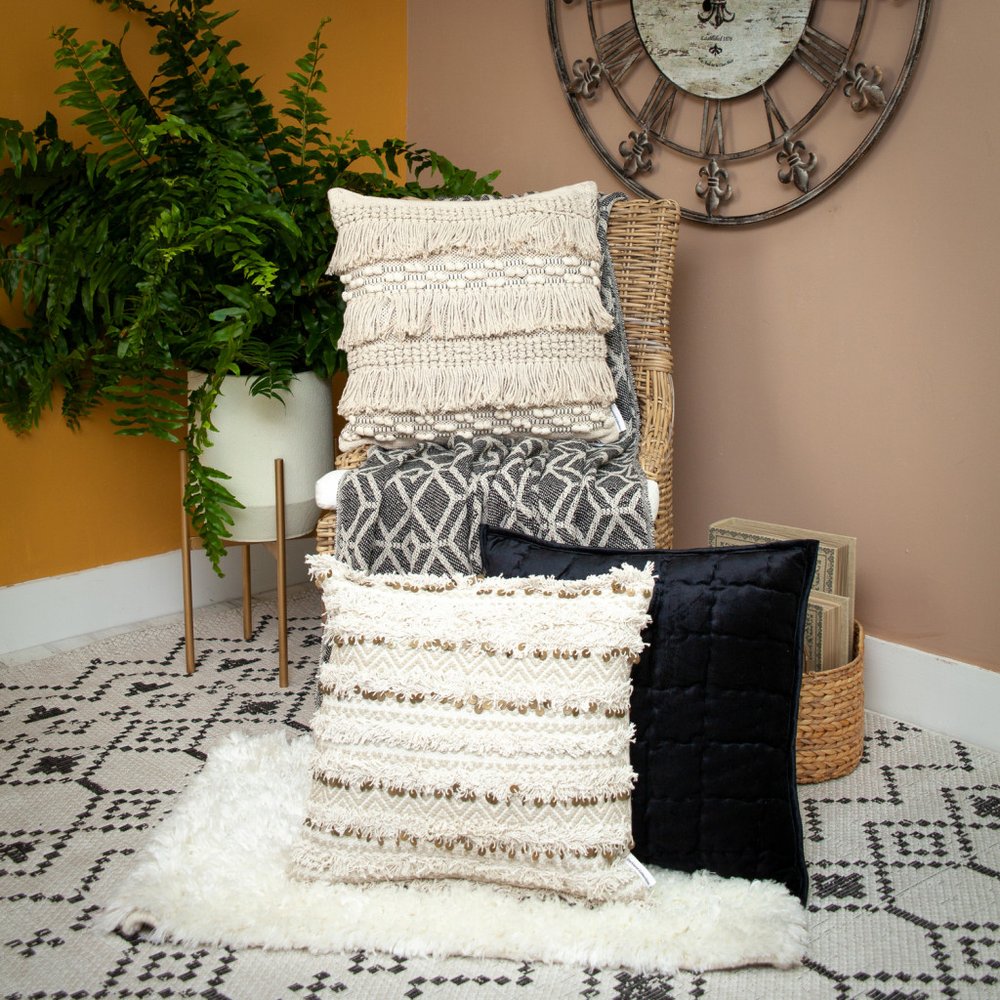 Grey and Beige Handloom Geometric Woven Throw Blanket HomeRoots