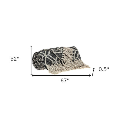 Grey and Beige Handloom Geometric Woven Throw Blanket HomeRoots