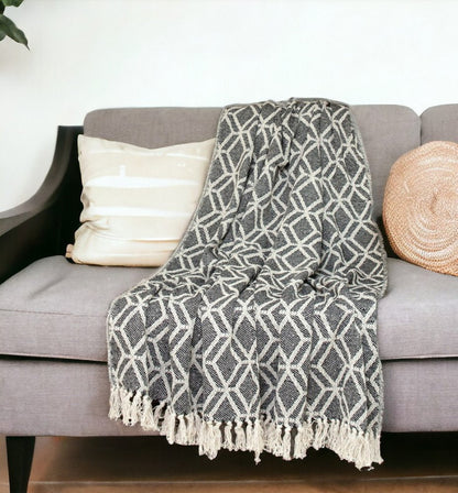 Grey and Beige Handloom Geometric Woven Throw Blanket HomeRoots