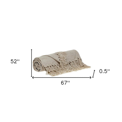 52" X 67" Beige and Black Woven Cotton Striped Throw Blanket with Tassels HomeRoots