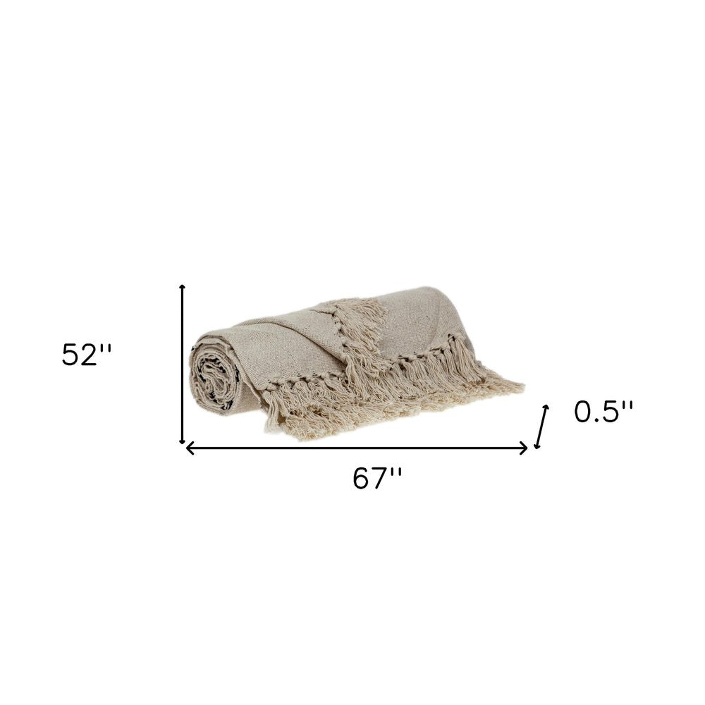 52" X 67" Beige and Black Woven Cotton Striped Throw Blanket with Tassels — view 5