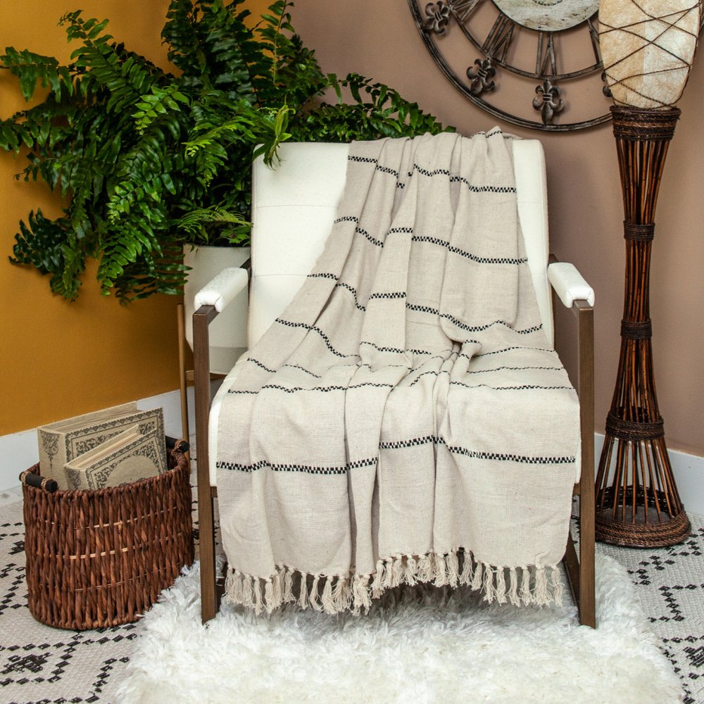 52" X 67" Beige and Black Woven Cotton Striped Throw Blanket with Tassels HomeRoots