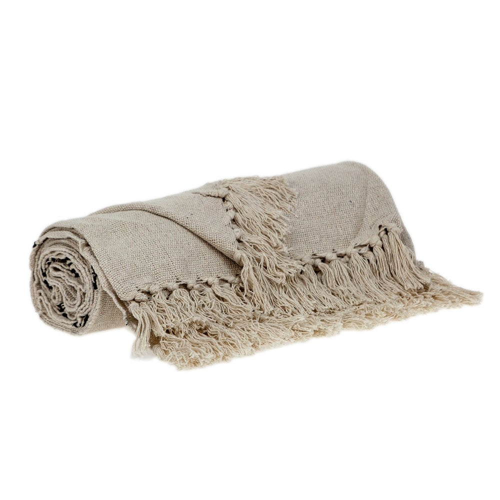 52" X 67" Beige and Black Woven Cotton Striped Throw Blanket with Tassels HomeRoots