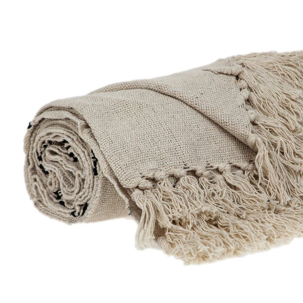 52" X 67" Beige and Black Woven Cotton Striped Throw Blanket with Tassels HomeRoots