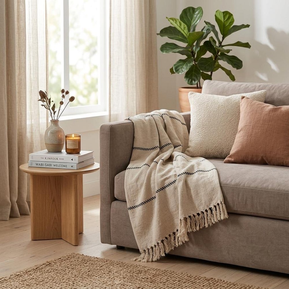 52" X 67" Beige and Black Woven Cotton Striped Throw Blanket with Tassels HomeRoots