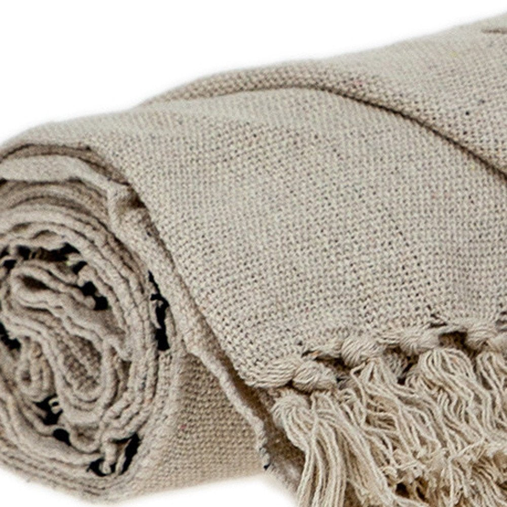 52" X 67" Beige and Black Woven Cotton Striped Throw Blanket with Tassels HomeRoots
