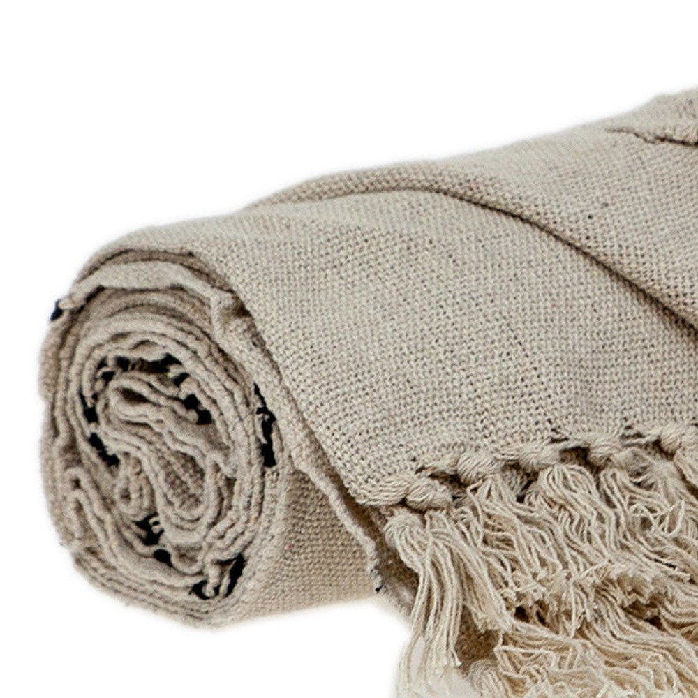52" X 67" Beige and Black Woven Cotton Striped Throw Blanket with Tassels — view 4