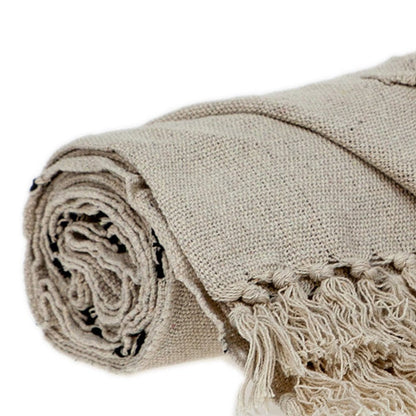 52" X 67" Beige and Black Woven Cotton Striped Throw Blanket with Tassels HomeRoots