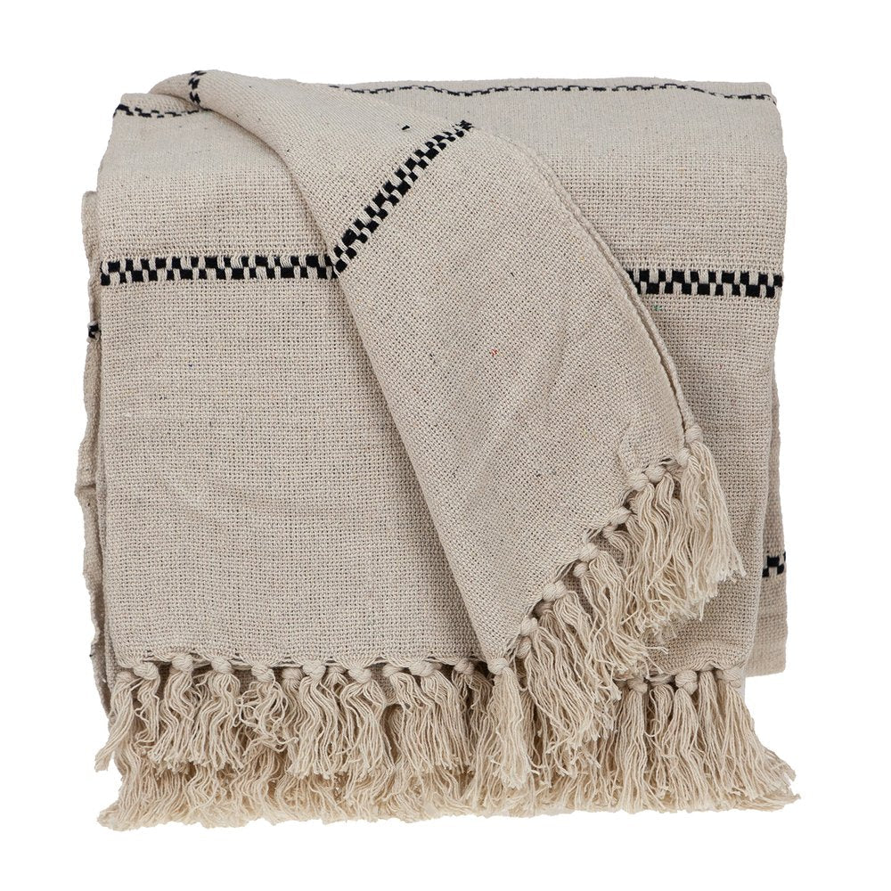 52" X 67" Beige and Black Woven Cotton Striped Throw Blanket with Tassels HomeRoots