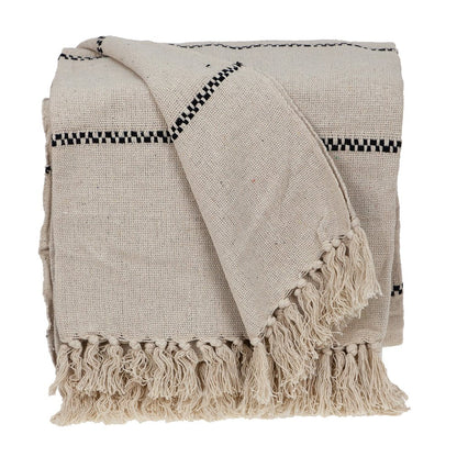 52" X 67" Beige and Black Woven Cotton Striped Throw Blanket with Tassels HomeRoots