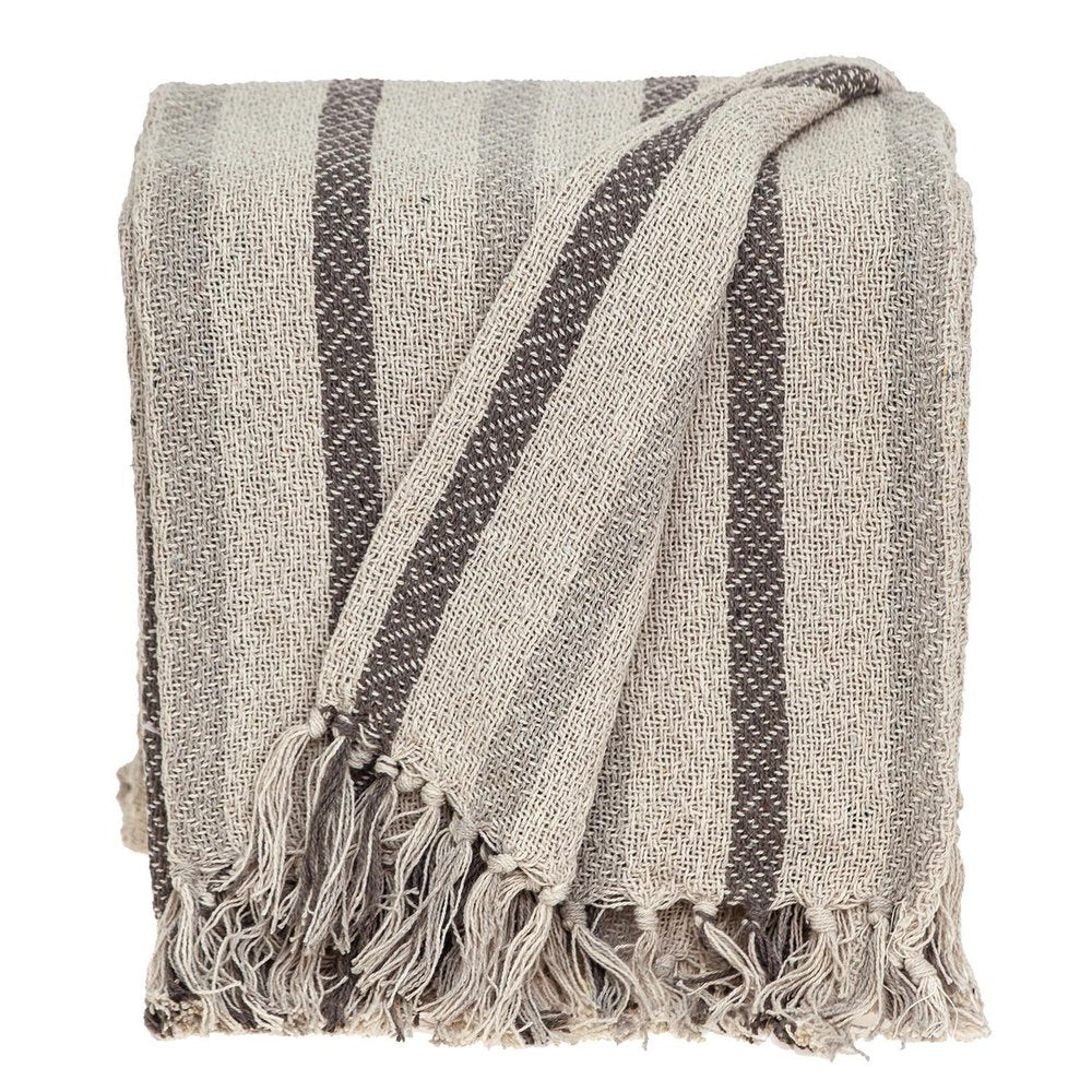 67" X 52" Beige And Taupe Cotton Woven Striped Throw Blanket with Fringe — view 1