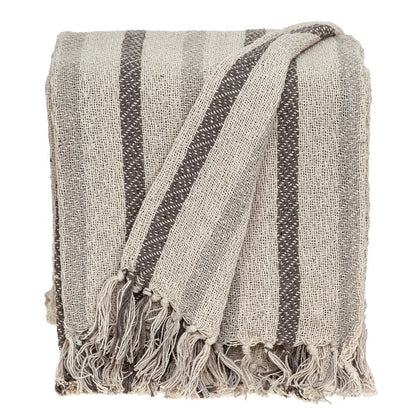 67" X 52" Beige And Taupe Cotton Woven Striped Throw Blanket with Fringe HomeRoots