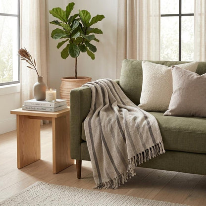 67" X 52" Beige And Taupe Cotton Woven Striped Throw Blanket with Fringe HomeRoots