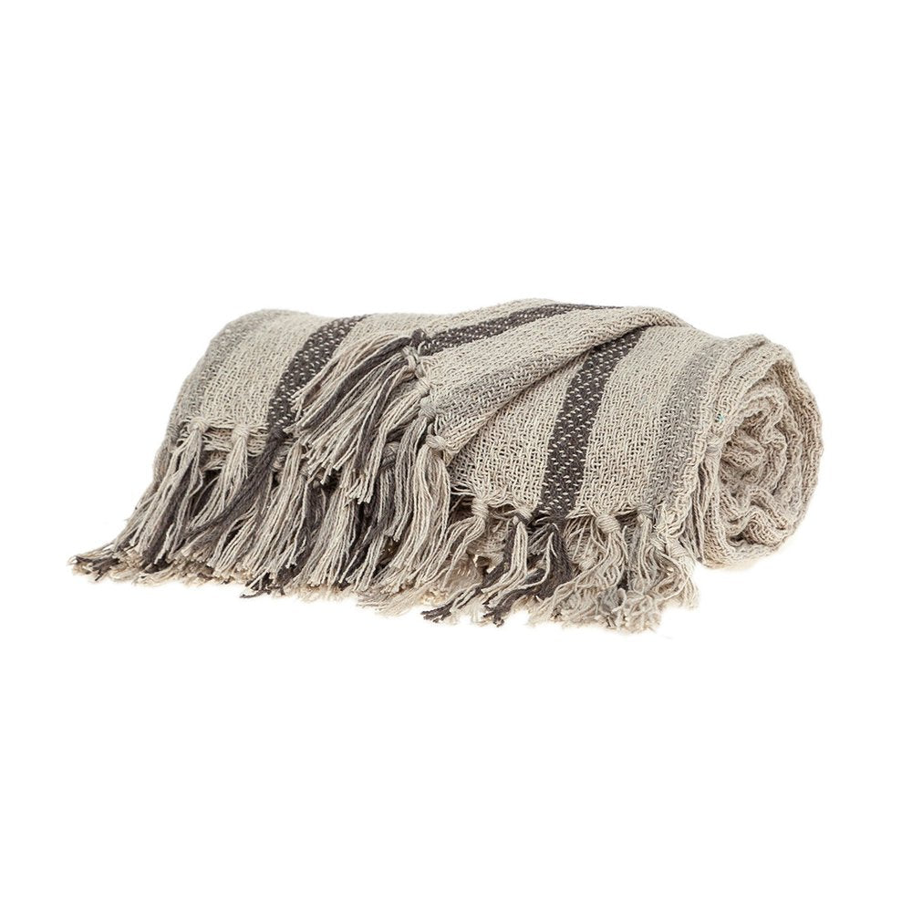 67" X 52" Beige And Taupe Cotton Woven Striped Throw Blanket with Fringe HomeRoots