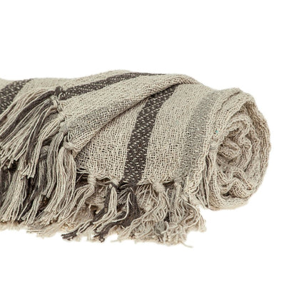 67" X 52" Beige And Taupe Cotton Woven Striped Throw Blanket with Fringe HomeRoots