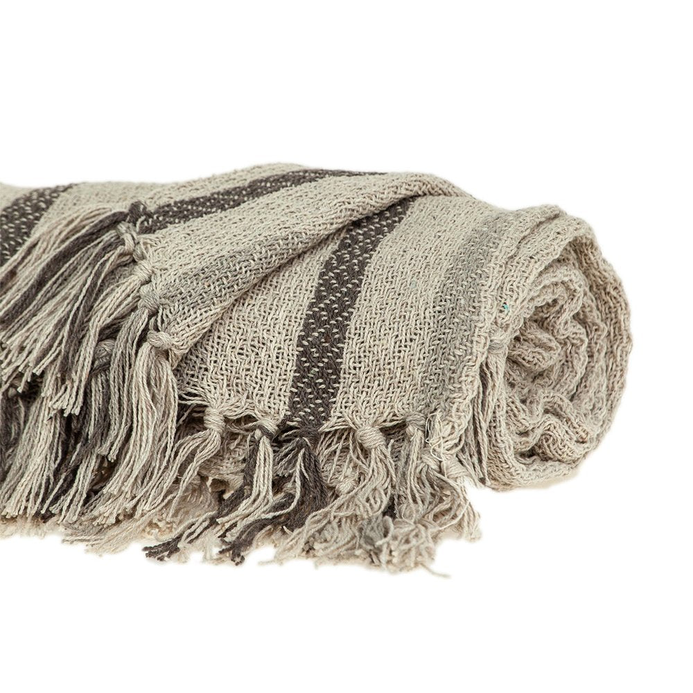 67" X 52" Beige And Taupe Cotton Woven Striped Throw Blanket with Fringe — view 3