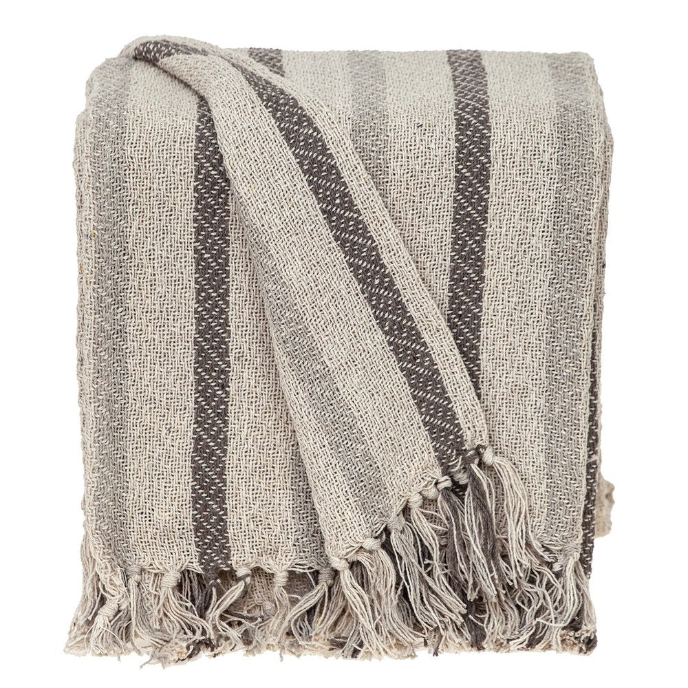 67" X 52" Beige And Taupe Cotton Woven Striped Throw Blanket with Fringe HomeRoots