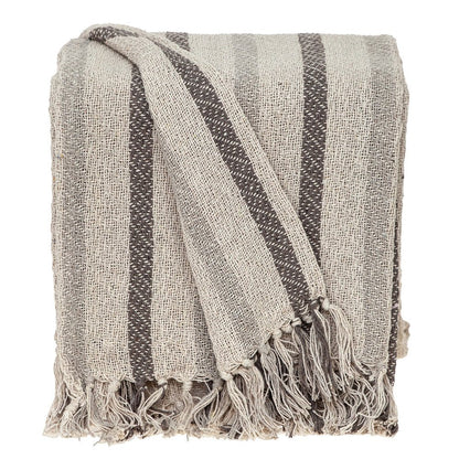 67" X 52" Beige And Taupe Cotton Woven Striped Throw Blanket with Fringe HomeRoots