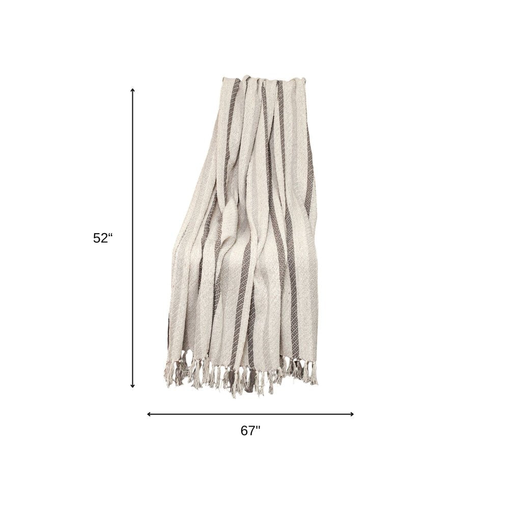 67" X 52" Beige And Taupe Cotton Woven Striped Throw Blanket with Fringe HomeRoots