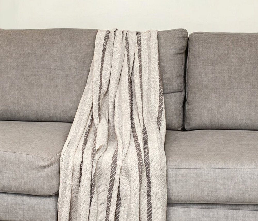 67" X 52" Beige And Taupe Cotton Woven Striped Throw Blanket with Fringe HomeRoots