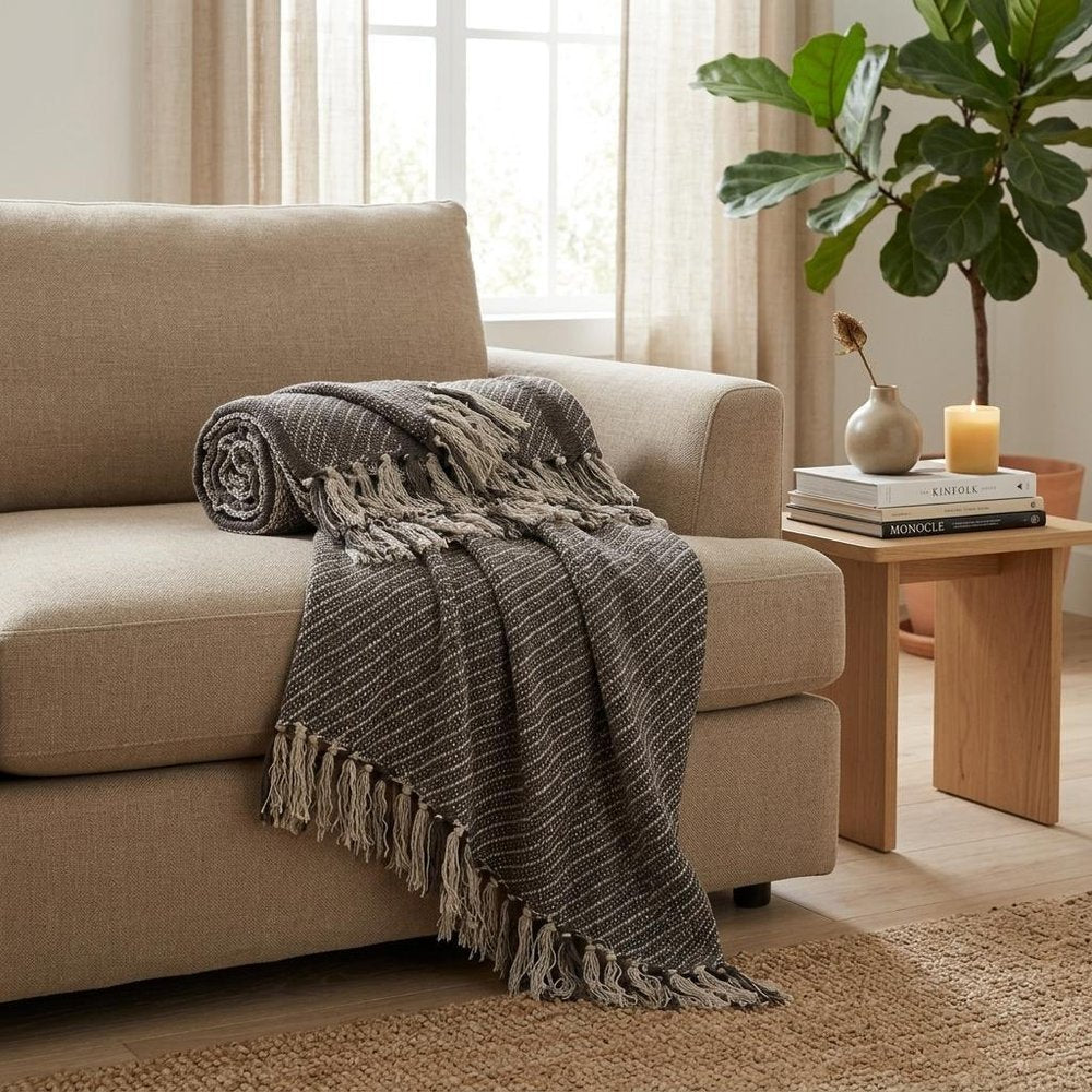 Brown and Taupe Striped Woven Handloom Throw HomeRoots