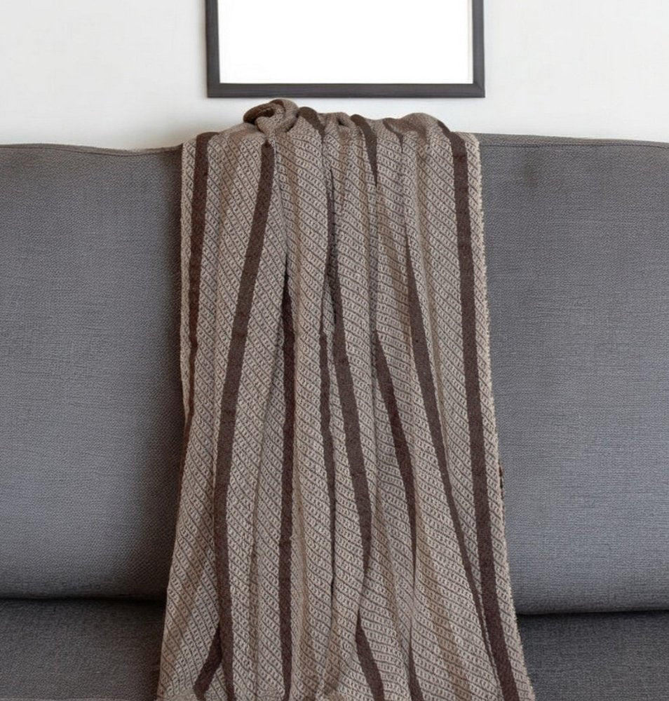 Brown and Taupe Striped Woven Handloom Throw HomeRoots