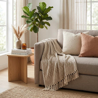Multi Beige Herringbone Woven Handloom Throw HomeRoots
