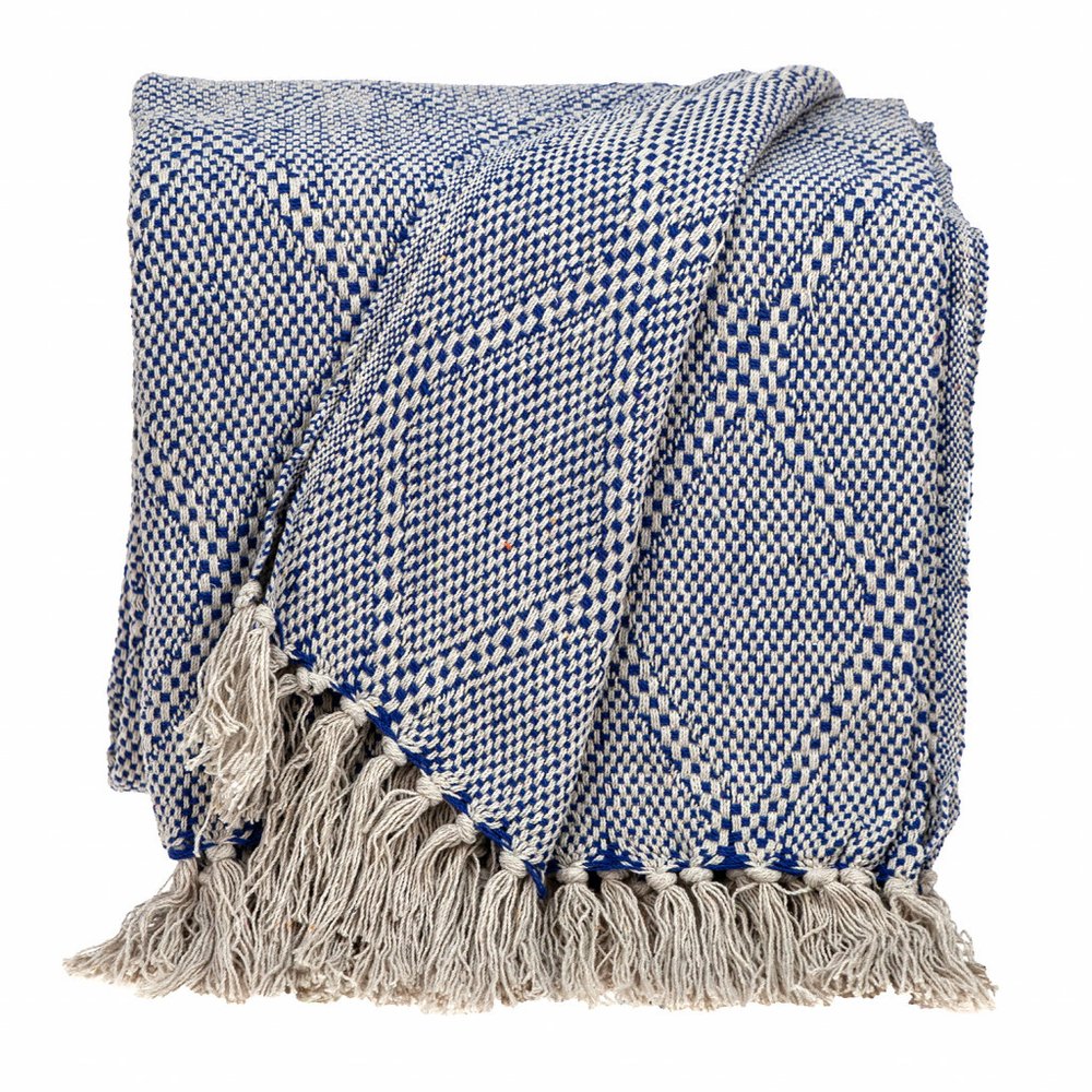 Blue and Beige Woven Handloom Throw with Tassels HomeRoots