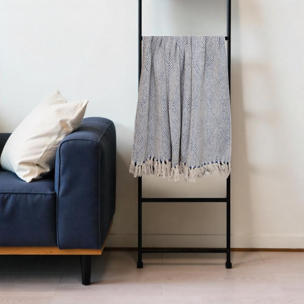 Blue and Beige Woven Handloom Throw with Tassels HomeRoots