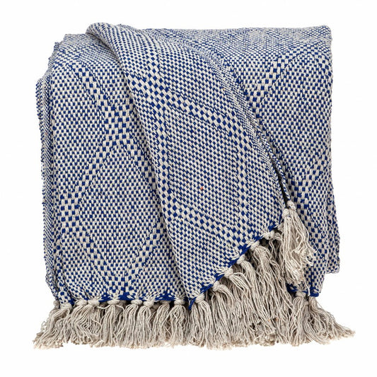 Blue and Beige Woven Handloom Throw with Tassels HomeRoots