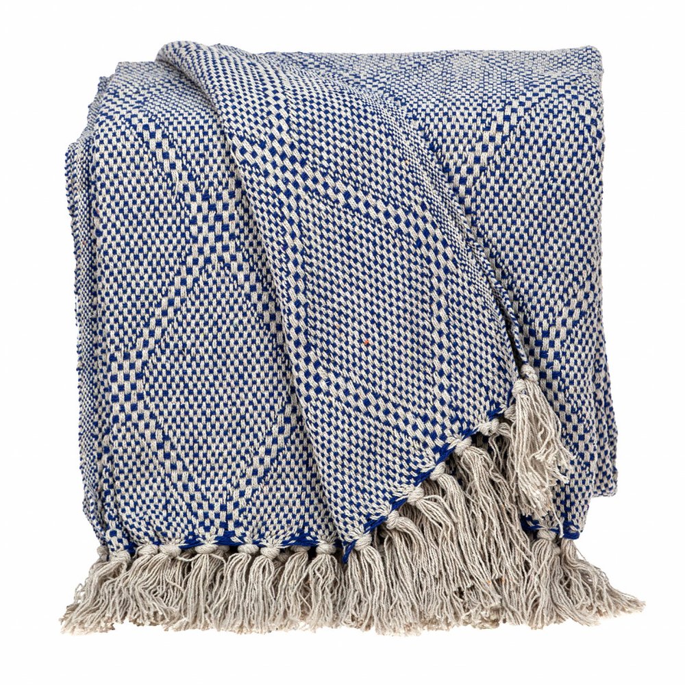 Blue and Beige Woven Handloom Throw with Tassels — view 1