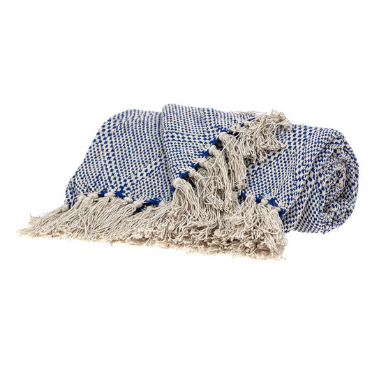 Blue and Beige Woven Handloom Throw with Tassels HomeRoots