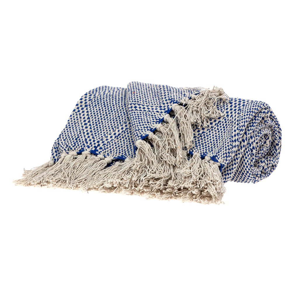 Blue and Beige Woven Handloom Throw with Tassels HomeRoots
