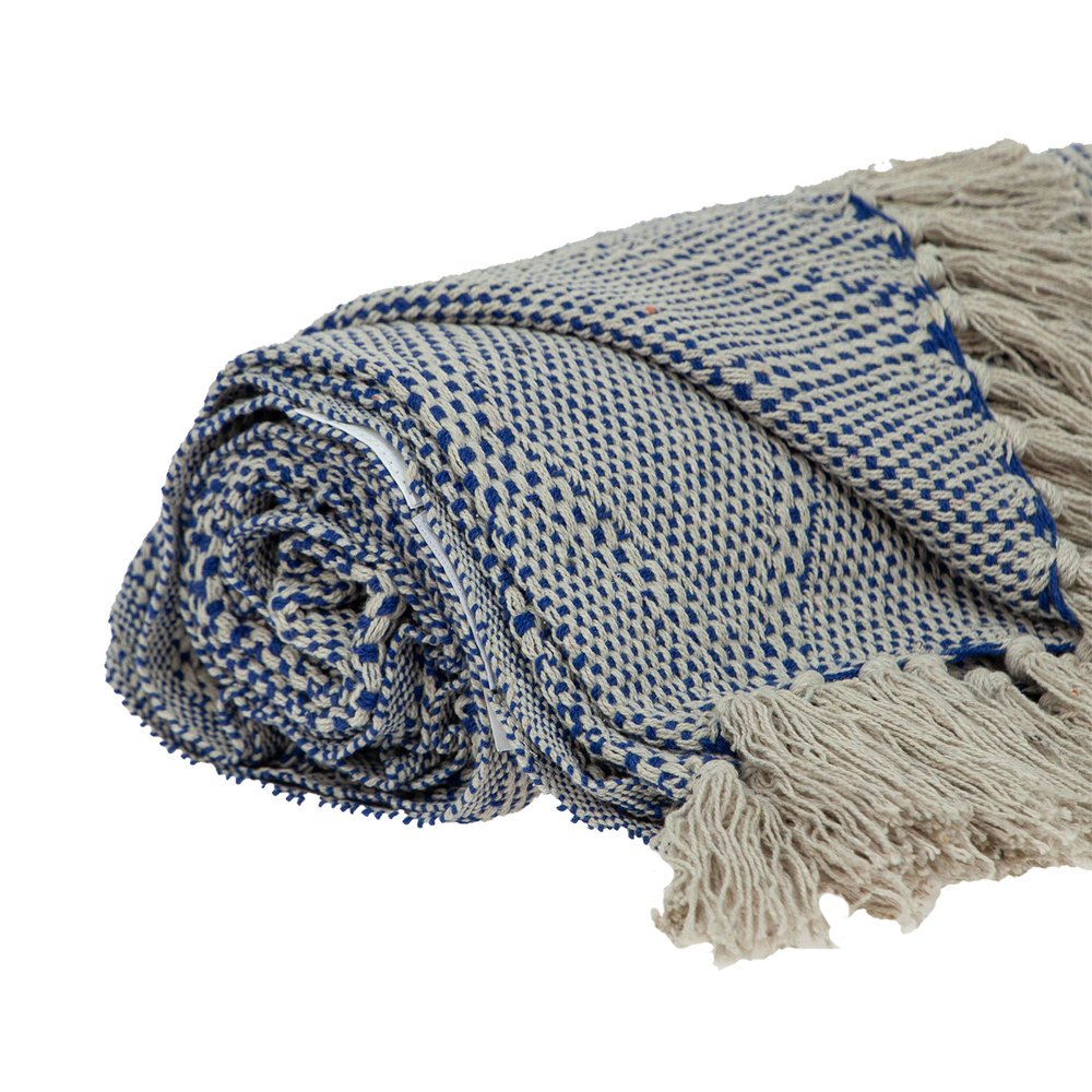 Blue and Beige Woven Handloom Throw with Tassels HomeRoots