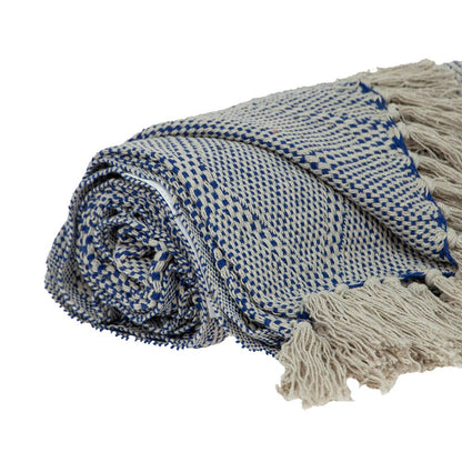 Blue and Beige Woven Handloom Throw with Tassels HomeRoots